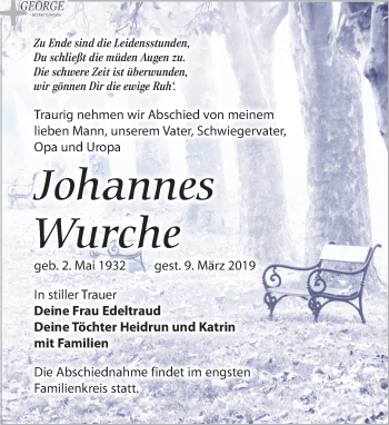 Traueranzeige von Johannes Wurche von Leipziger Volkszeitung