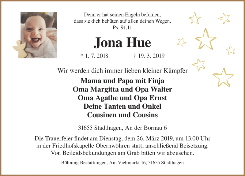  Traueranzeige für Jona Hue vom 23.03.2019 aus Schaumburger Nachrichten
