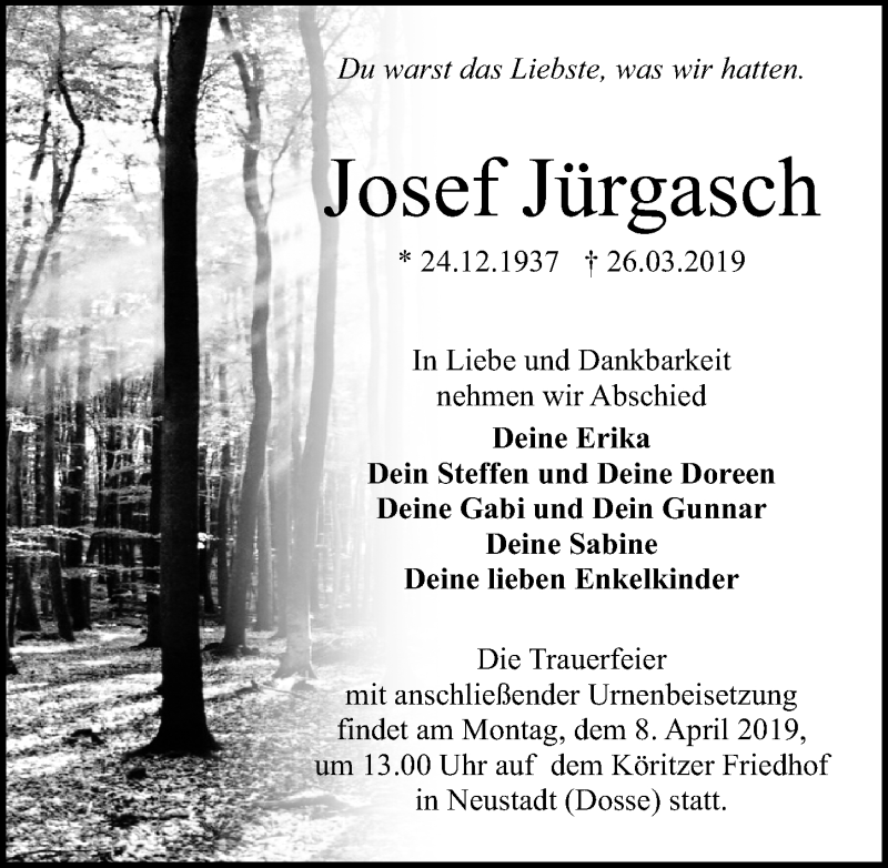  Traueranzeige für Josef Jürgasch vom 30.03.2019 aus Märkischen Allgemeine Zeitung