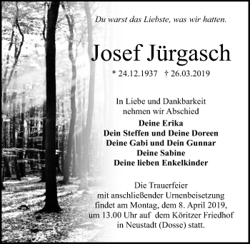 Traueranzeige von Josef Jürgasch von Märkischen Allgemeine Zeitung