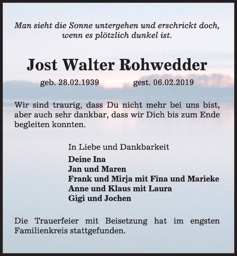  Traueranzeige für Jost Walter Rohwedder vom 27.02.2019 aus Kieler Nachrichten