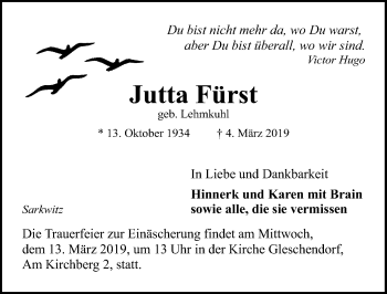 Traueranzeige von Jutta Fürst von Lübecker Nachrichten