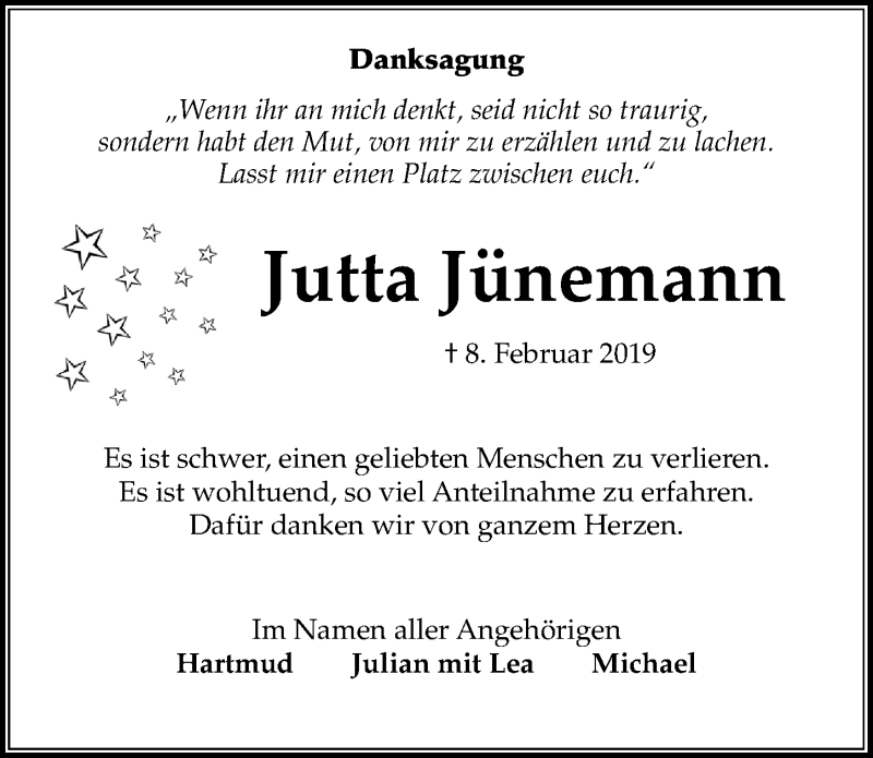  Traueranzeige für Jutta Jünemann vom 09.03.2019 aus Göttinger Tageblatt