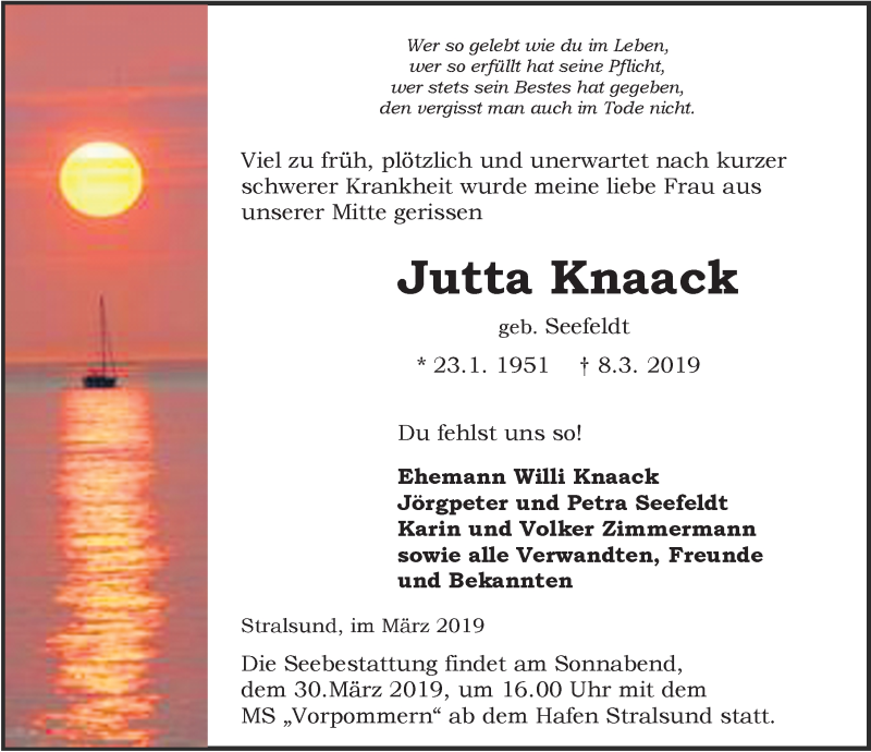  Traueranzeige für Jutta Knaack vom 16.03.2019 aus Ostsee-Zeitung GmbH