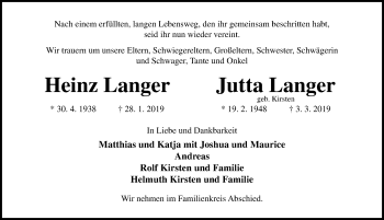 Traueranzeige von Jutta Langer von Lübecker Nachrichten
