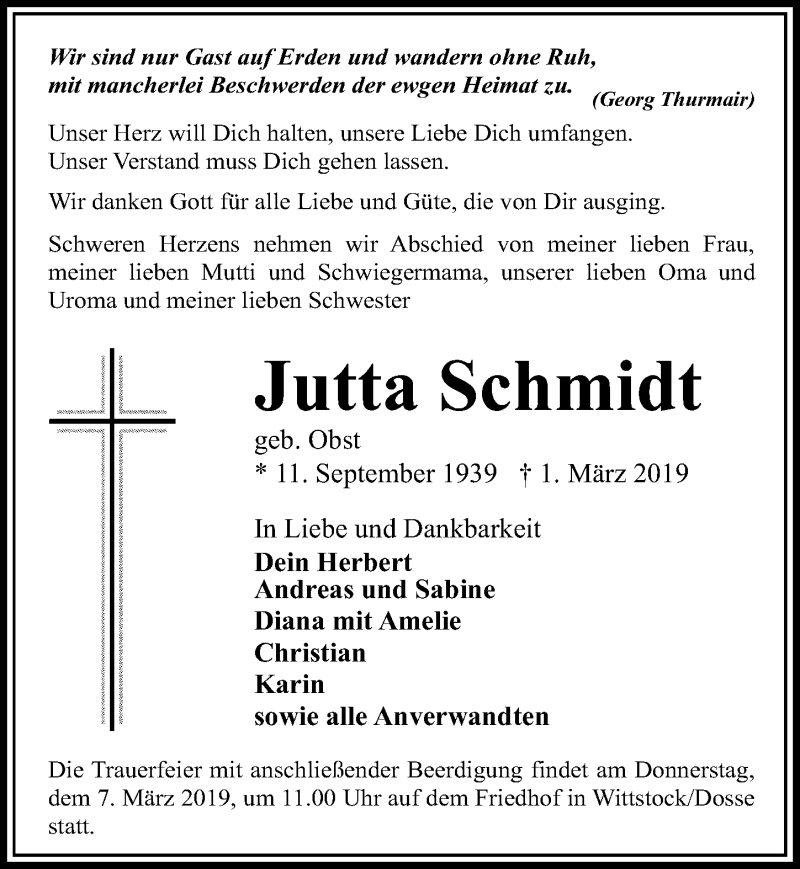  Traueranzeige für Jutta Schmidt vom 05.03.2019 aus Märkischen Allgemeine Zeitung