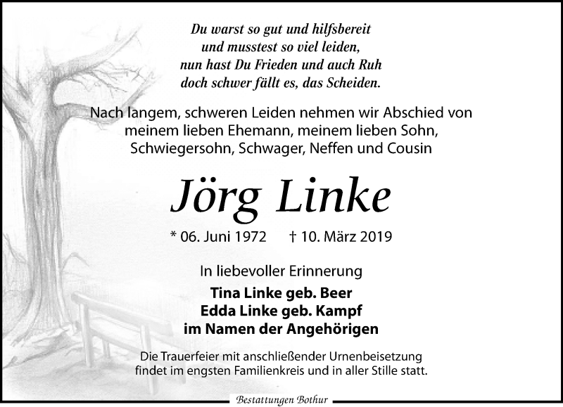  Traueranzeige für Jörg Linke vom 16.03.2019 aus Leipziger Volkszeitung