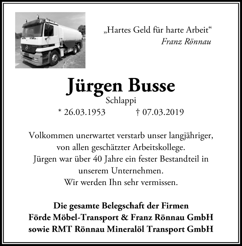  Traueranzeige für Jürgen Busse vom 16.03.2019 aus Kieler Nachrichten