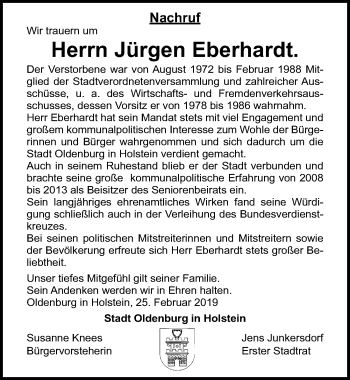 Traueranzeige von Jürgen Eberhardt von Lübecker Nachrichten