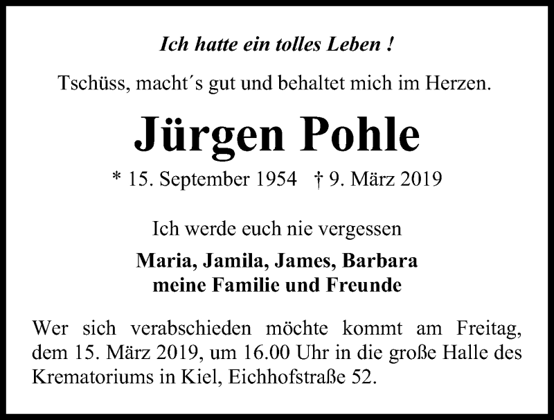  Traueranzeige für Jürgen Pohle vom 13.03.2019 aus Kieler Nachrichten