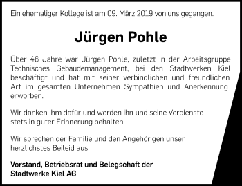 Traueranzeige von Jürgen Pohle von Kieler Nachrichten