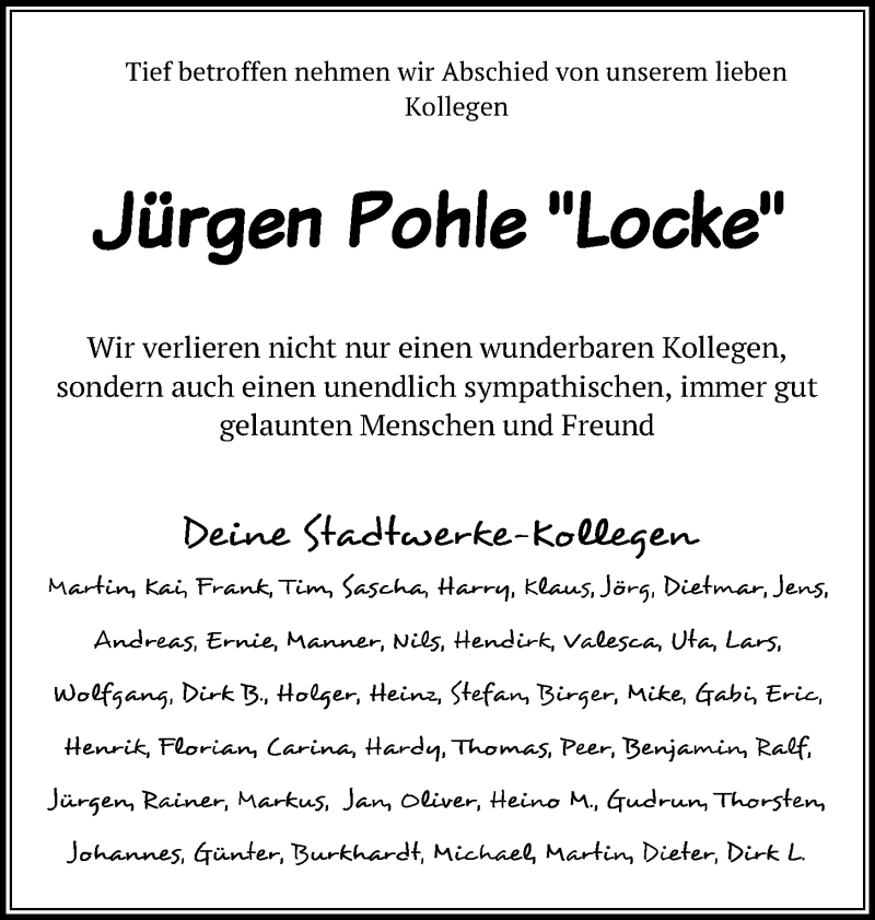  Traueranzeige für Jürgen Pohle vom 16.03.2019 aus Kieler Nachrichten