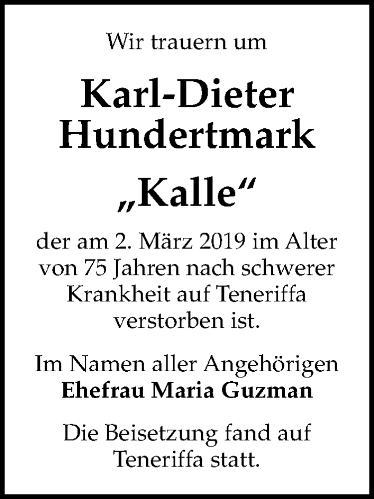  Traueranzeige für Karl-Dieter Hundertmark vom 09.03.2019 aus Hannoversche Allgemeine Zeitung/Neue Presse