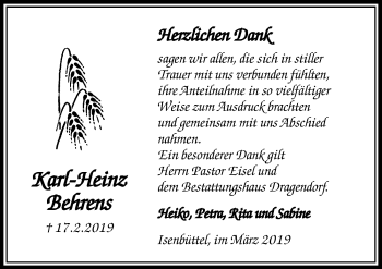 Traueranzeige von Karl-Heinz Behrens von Aller Zeitung
