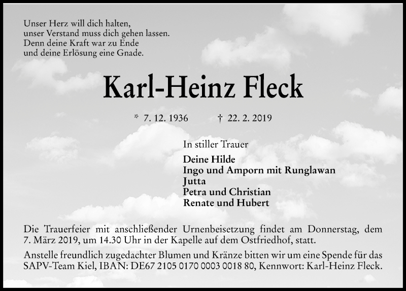  Traueranzeige für Karl-Heinz Fleck vom 02.03.2019 aus Kieler Nachrichten