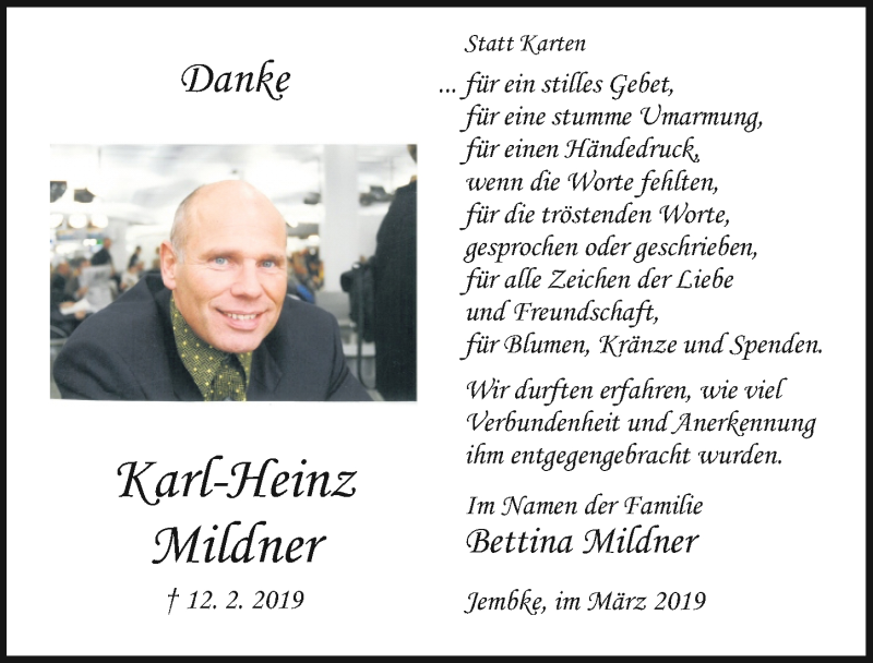  Traueranzeige für Karl-Heinz Mildner vom 16.03.2019 aus Aller Zeitung