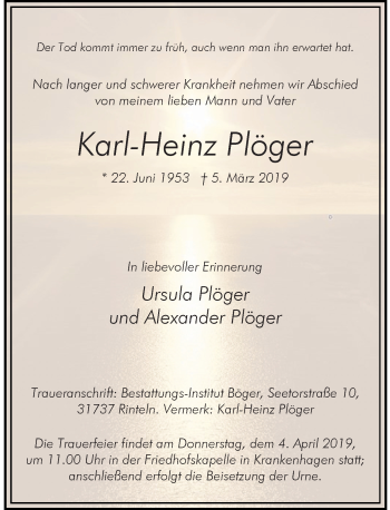 Traueranzeige von Karl-Heinz Plöger von Schaumburger Nachrichten
