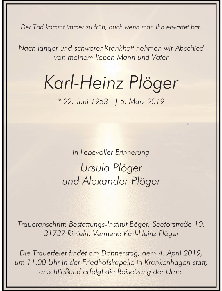  Traueranzeige für Karl-Heinz Plöger vom 23.03.2019 aus Schaumburger Nachrichten