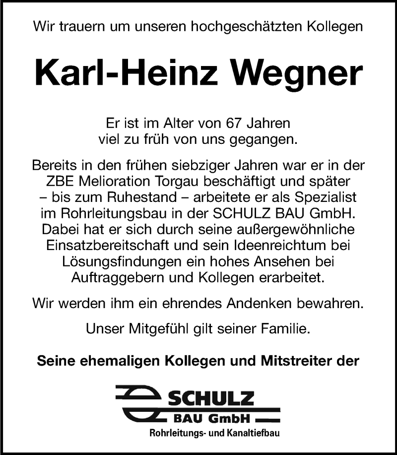 Traueranzeigen von Karl-Heinz Wegner | trauer-anzeigen.de