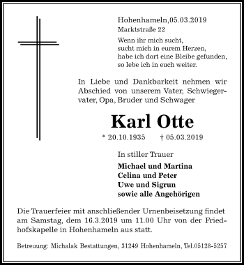 Traueranzeige von Karl Otte von Peiner Allgemeine Zeitung