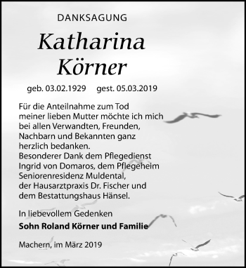 Traueranzeige von Katharina Körner von Leipziger Volkszeitung