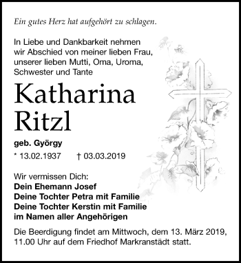 Traueranzeige von Katharina Ritzl von Leipziger Volkszeitung