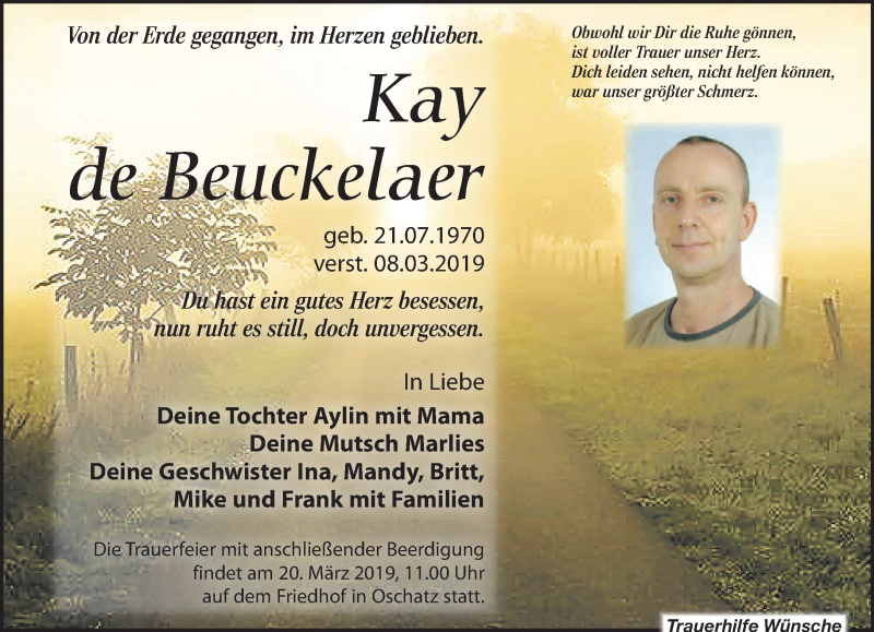  Traueranzeige für Kay de Beuckelaer vom 16.03.2019 aus Leipziger Volkszeitung