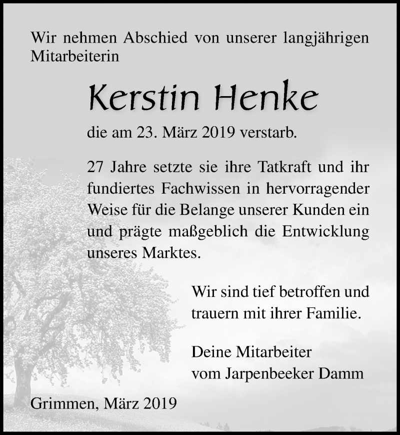  Traueranzeige für Kerstin Henke vom 30.03.2019 aus Ostsee-Zeitung GmbH