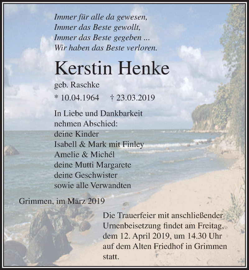  Traueranzeige für Kerstin Henke vom 30.03.2019 aus Ostsee-Zeitung GmbH