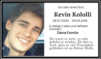 Traueranzeige von Kevin Kololli von Lübecker Nachrichten