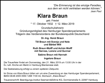 Traueranzeige von Klara Braun von Aller Zeitung