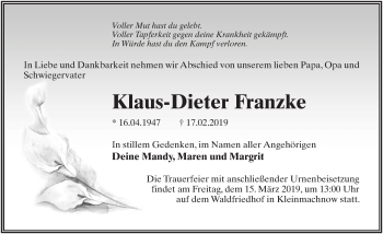 Traueranzeige von Klaus-Dieter Franzke von Märkischen Allgemeine Zeitung