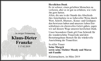 Traueranzeige von Klaus-Dieter Franzke von Märkischen Allgemeine Zeitung