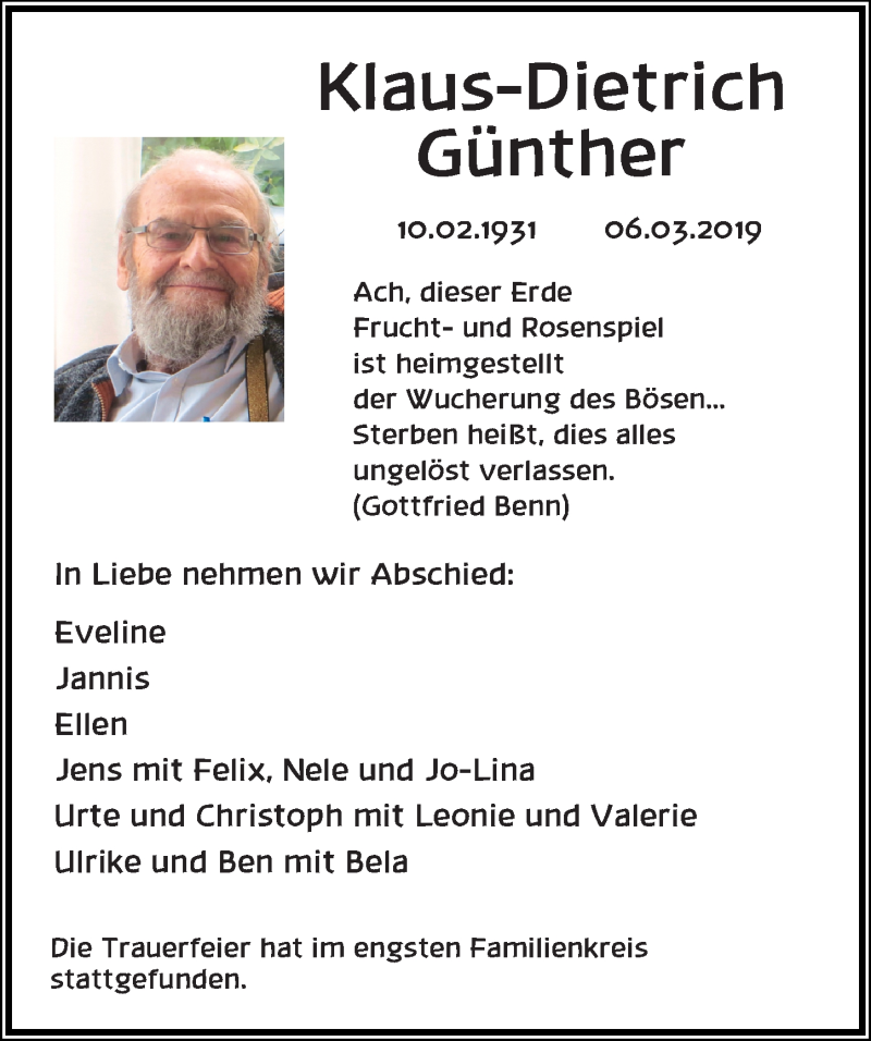  Traueranzeige für Klaus-Dietrich Günther vom 23.03.2019 aus Hannoversche Allgemeine Zeitung/Neue Presse