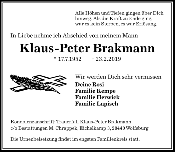 Traueranzeige von Klaus-Peter Brakmann von Aller Zeitung