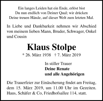 Traueranzeige von Klaus Stolpe von Lübecker Nachrichten
