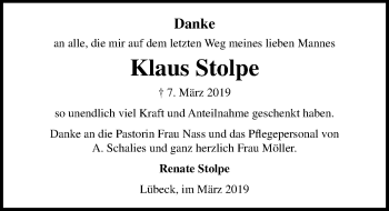 Traueranzeige von Klaus Stolpe von Lübecker Nachrichten