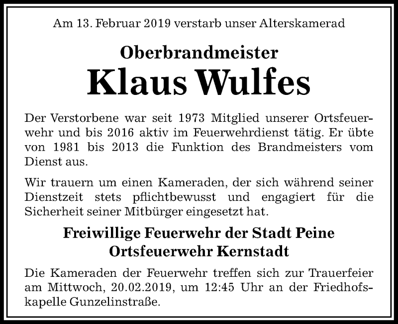  Traueranzeige für Klaus Wulfes vom 16.02.2019 aus Peiner Allgemeine Zeitung