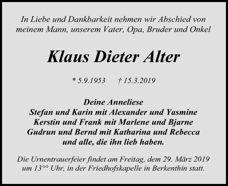  Traueranzeige für Klaus Dieter Alter vom 23.03.2019 aus Lübecker Nachrichten