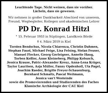 Traueranzeige von Konrad Hitzl von Kieler Nachrichten