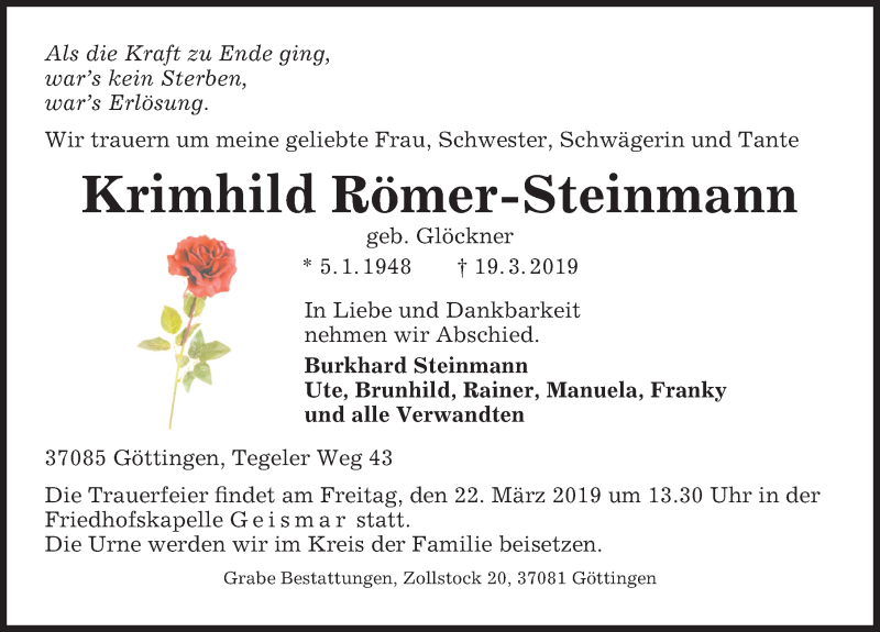  Traueranzeige für Krimhild Römer-Steinmann vom 21.03.2019 aus Göttinger Tageblatt