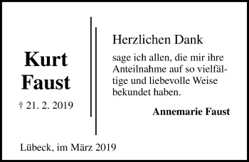 Traueranzeige von Kurt Faust von Lübecker Nachrichten