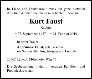 Traueranzeige von Kurt Faust von Lübecker Nachrichten
