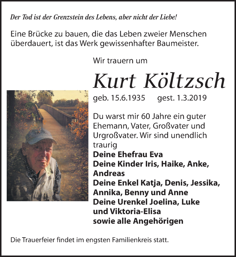  Traueranzeige für Kurt Költzsch vom 16.03.2019 aus Leipziger Volkszeitung