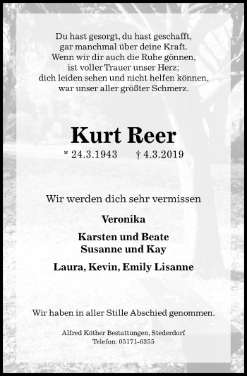 Traueranzeige von Kurt Reer von Peiner Allgemeine Zeitung