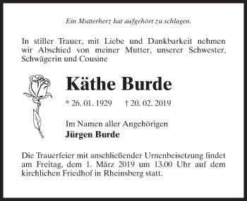 Traueranzeige von Käthe Burde von Märkischen Allgemeine Zeitung