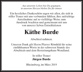Traueranzeige von Käthe Burde von Märkischen Allgemeine Zeitung