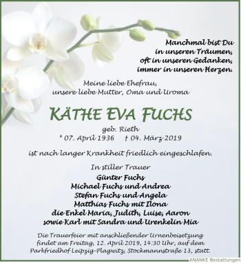 Traueranzeige von Käthe Eva Fuchs von Leipziger Volkszeitung