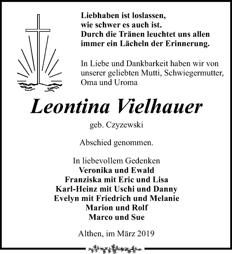  Traueranzeige für Leontina Vielhauer vom 23.03.2019 aus Leipziger Volkszeitung