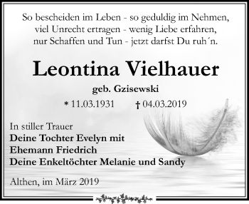 Traueranzeige von Leontina Vielhauer von Leipziger Volkszeitung